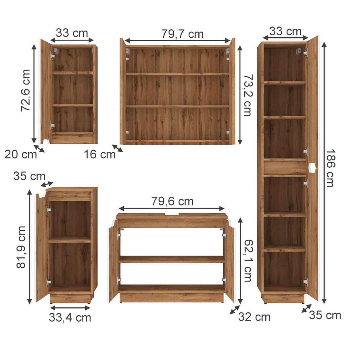 KOUPELNOVÝ NÁBYTEK Lotta Dub/bílá se strukturou dlaždic - bílá, kompozitní dřevo (79.6/62.1/32cm) - Vicco