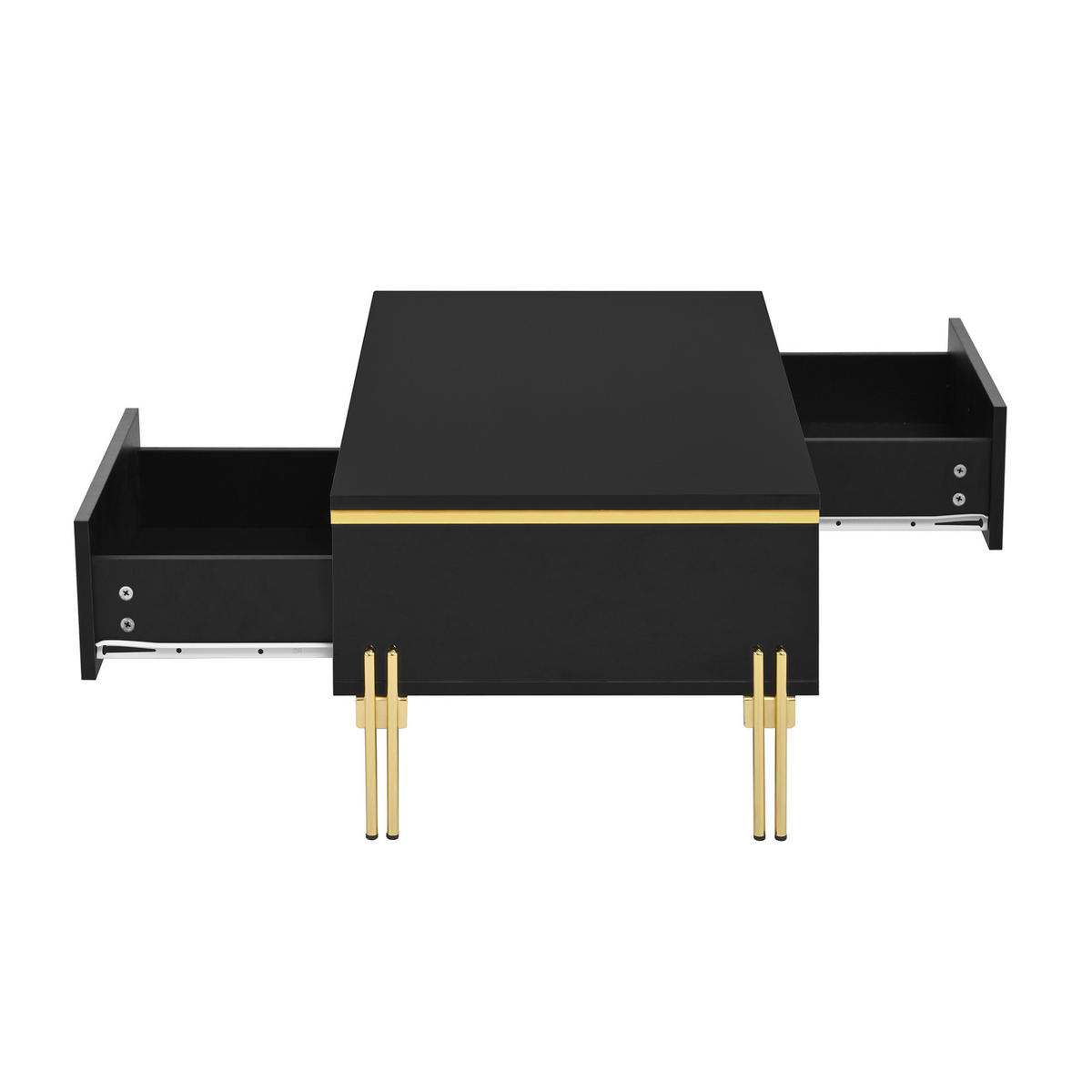 TV-MÖBEL- und Couchtisch-Set aus Spanplatte 170x38x50 + 100x50x36 cm Schwarz mit Stauraum, hochglänzend und goldfarbenen Beinen - Schwarz, Holzwerkstoff (170/50/38cm) - Modfu