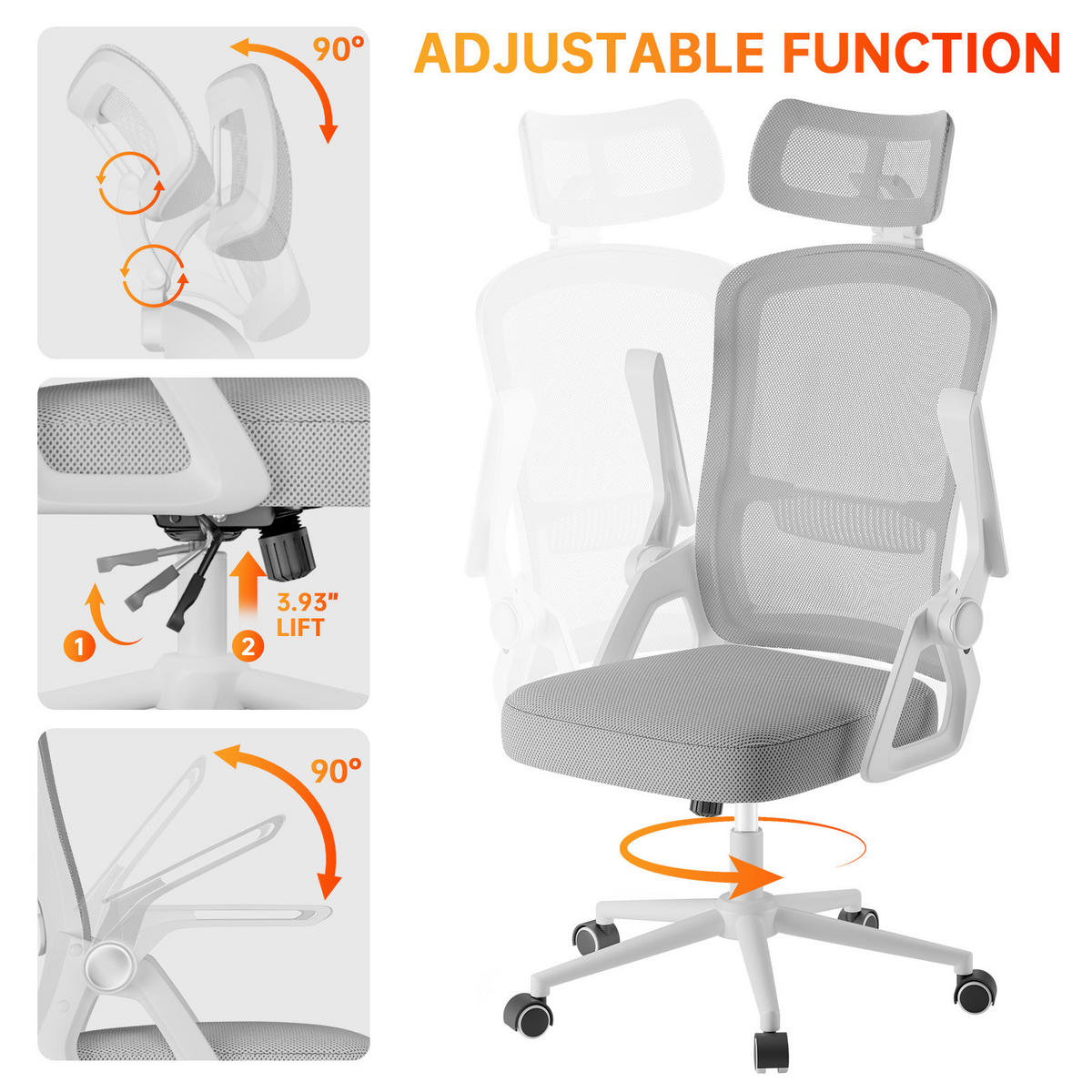 DREHSTUHL Mesh Weiß-Grau ergonomisch klappbare Armlehnen - Grau, Metall (23.5/52/62.5cm) - Rattrix