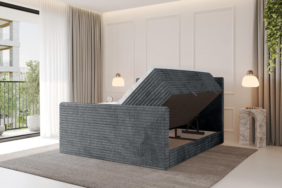BOXSPRINGBETT mit Matratze H3|H4 und Lattenrost - TOLO-Z KING-v1 200x200 Cord - Dunkelgrau - Dunkelgrau, Holzwerkstoff (200/200cm)