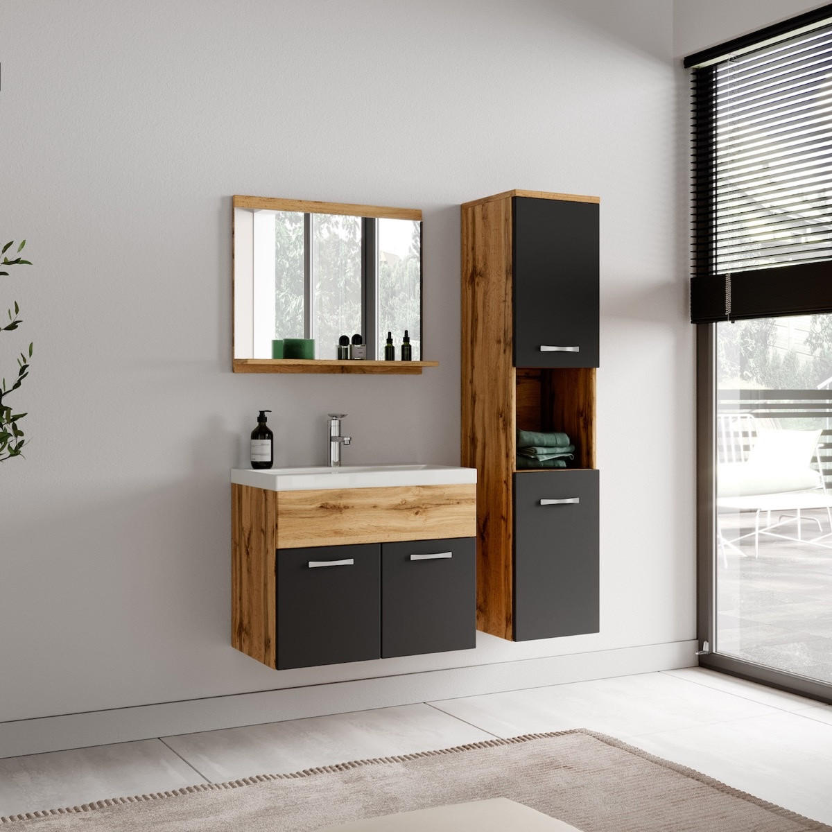 BADEZIMMERSCHRANK Montreal mit 2 Türen Eiche / Schwarz Matt - 30 x 30 x 130 cm - Eichefarben/Schwarz, Holz (30/131/30cm) - Badplaats