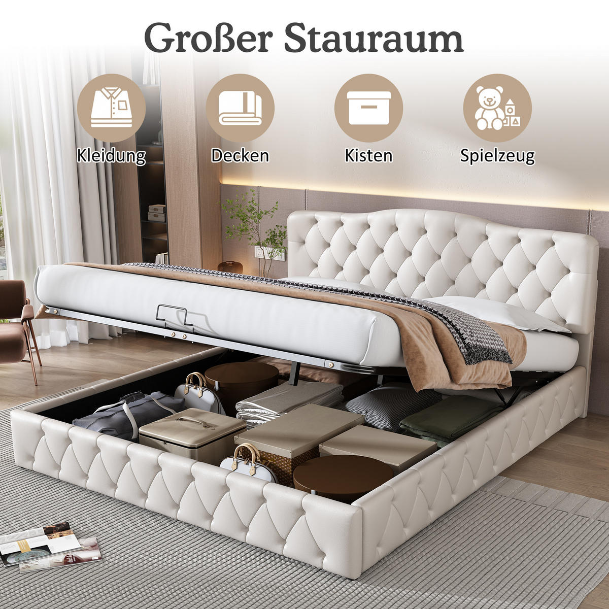 POLSTERBETT 180x200 PU Höhenverstellbar Stauraum Weiß - Weiß, Leder - FLIEKS