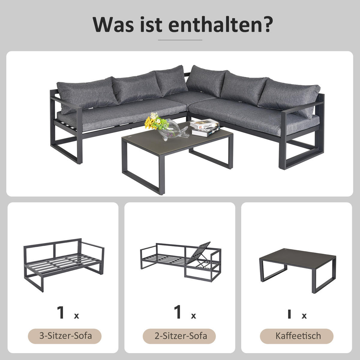 GARTENGARNITUR, Aluminium, gehärtetes Glas, Grau+Schwarz - Multicolor, Metall - Outsunny