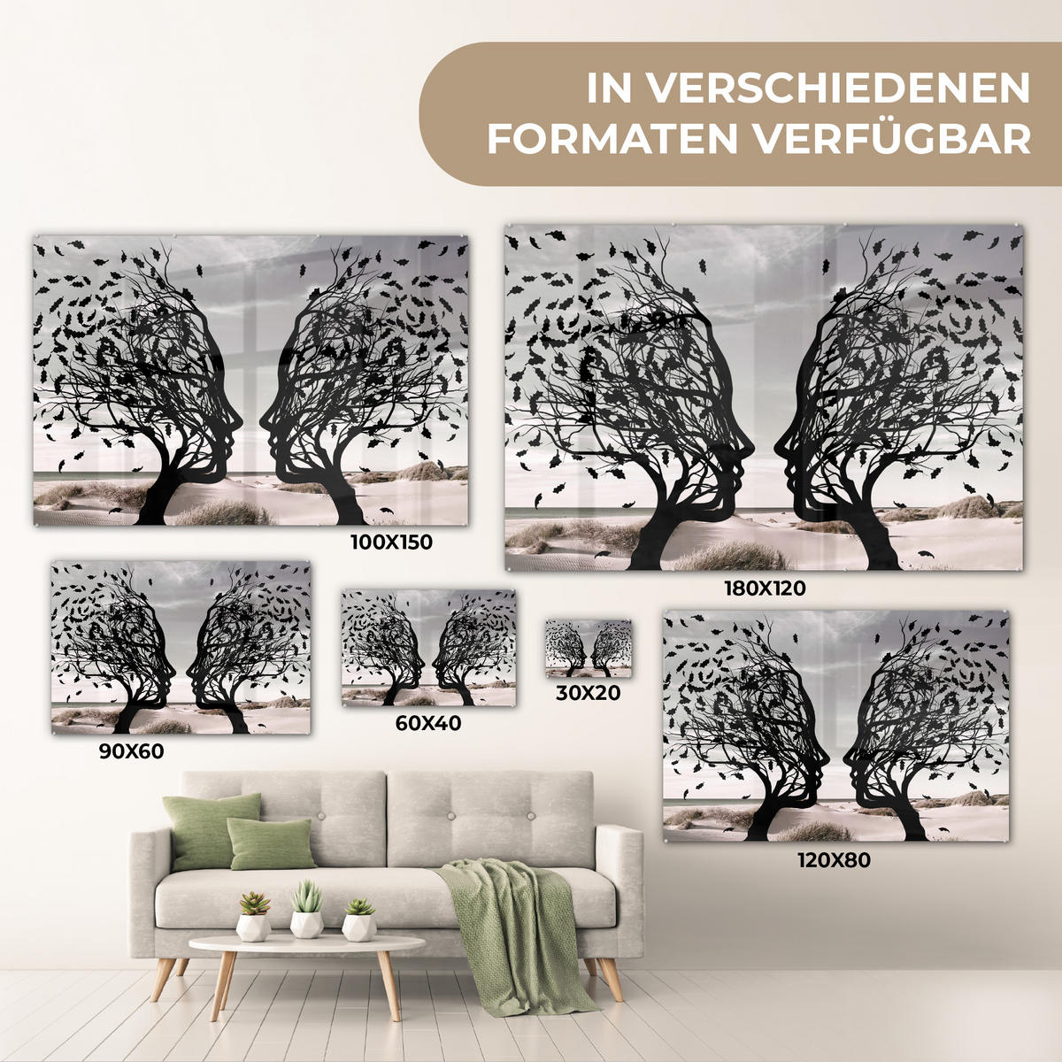 ACRYLGLASBILD Strand - Meer - Menschen - Baum - Moderne Kunst 120x80 cm - Hellgrau, Glas (120/80cm) - MuchoWow