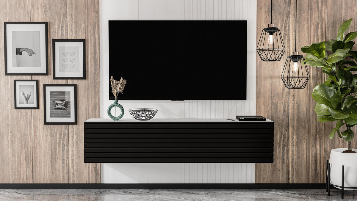 LOWBOARD ZIVOLLI 160 Weiß, Schwarze Lamellen 160/34/40 cm – TV-Hängeschrank mit Lamellenfront - Schwarz/Weiß, Holzwerkstoff/Kunststoff (160/34/40cm) - AX Living