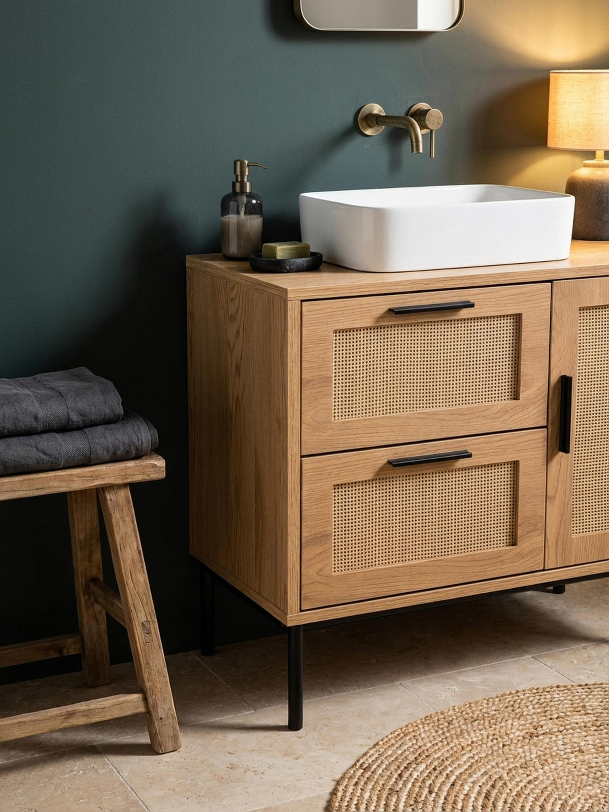 WASCHBECKENUNTERSCHRANK Eiche-Optik 60x60x40 cm mit Tür, Schubladen und Rattangeflecht - Schwarz/Braun, Holzwerkstoff/Metall (60/60/40cm) - KADIMA DESIGN