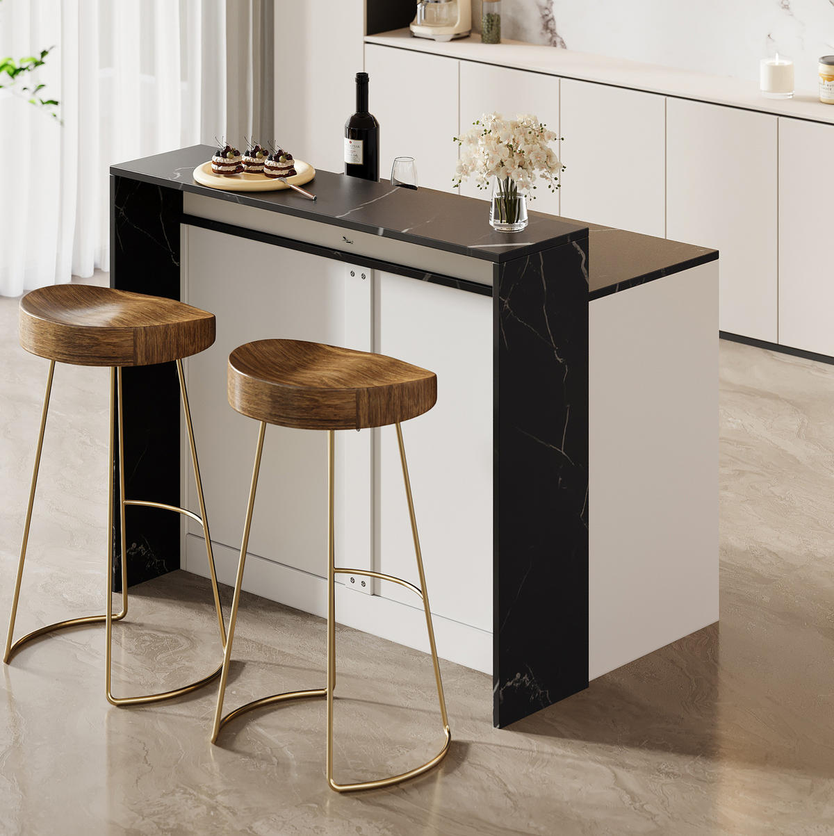 KÜCHENINSEL mit Bartresen MDF in Schwarz-Weiß-Marmoroptik - Schwarz, Holz (80/100/120cm) - Beauniv