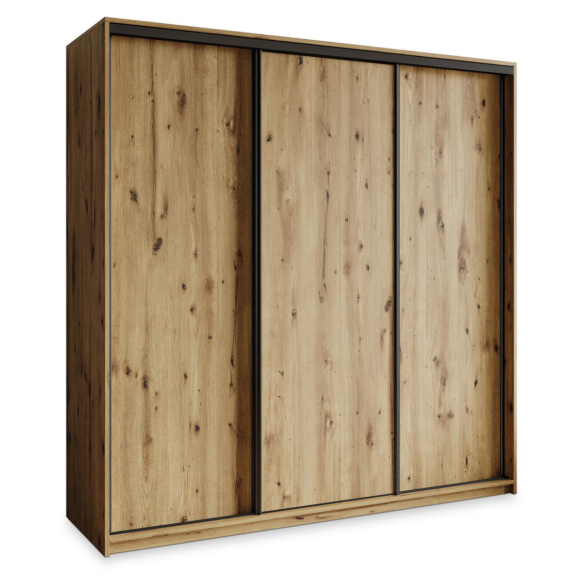 SCHWEBETÜRENSCHRANK NISSE 180/205/60 cm 3-türig mit Schubladen Eiche Artisan - Schwarz/Eiche Artisan, Holzwerkstoff (180/205/60cm) - MASSENO