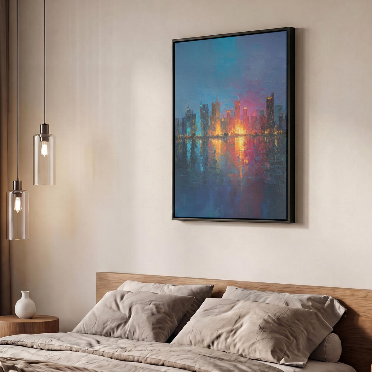 LEINWAND Bilder mit Rahmen - Skyline - Pinselstriche - Dunkelblau - Leuchtend - 50x70 - Blau, Textil (50/70cm) - MuchoWow