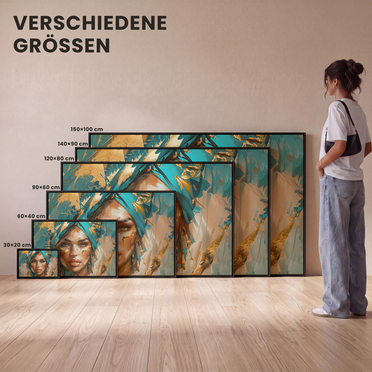 LEINWAND Bilder mit Rahmen - Frau - Porträt - Gold - Luxus - Blau - 120x80 - Türkis, Textil (120/80cm) - MuchoWow