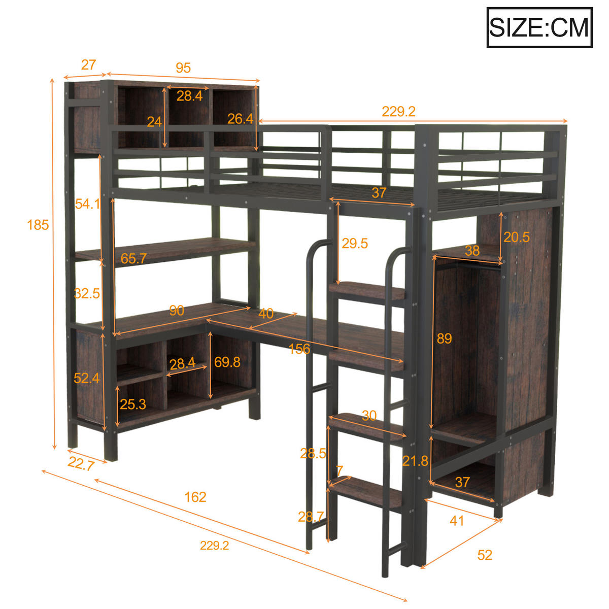 HOCHBETT 90/200 cm in Schwarz mit Schreibtisch, Kleiderschrank, Ablagefächern, LED und Steckdosen Metallbett - Schwarz, Holzwerkstoff/Metall (90/200cm) - STILVORA
