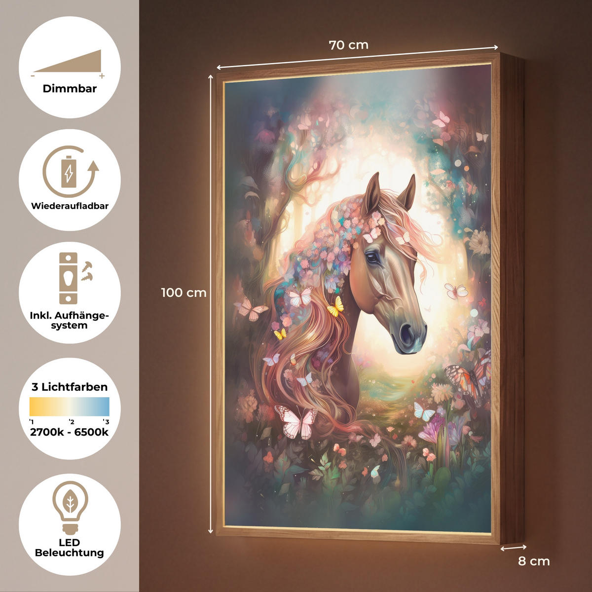 NÁSTĚNNÁ LAMPA S AKUMULÁTOREM Kůň - Příroda - Květiny - Motýli - Les 70x100 cm - tmavě hnědá, kompozitní dřevo (70/100/8cm) - OnlyWow