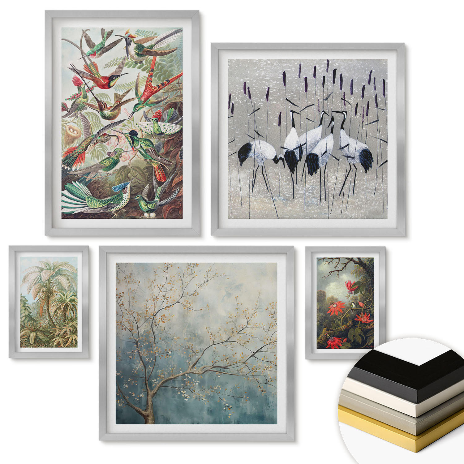 WANDBILDER 5er Set - 50x50 cm & 20x30 cm & 40x60 cm Silberner Rahmen - Pastellfarbene Berglandschaft mit rosa Flamingos - Silberfarben, Kunststoff (40/60cm) - ArtPrintCave