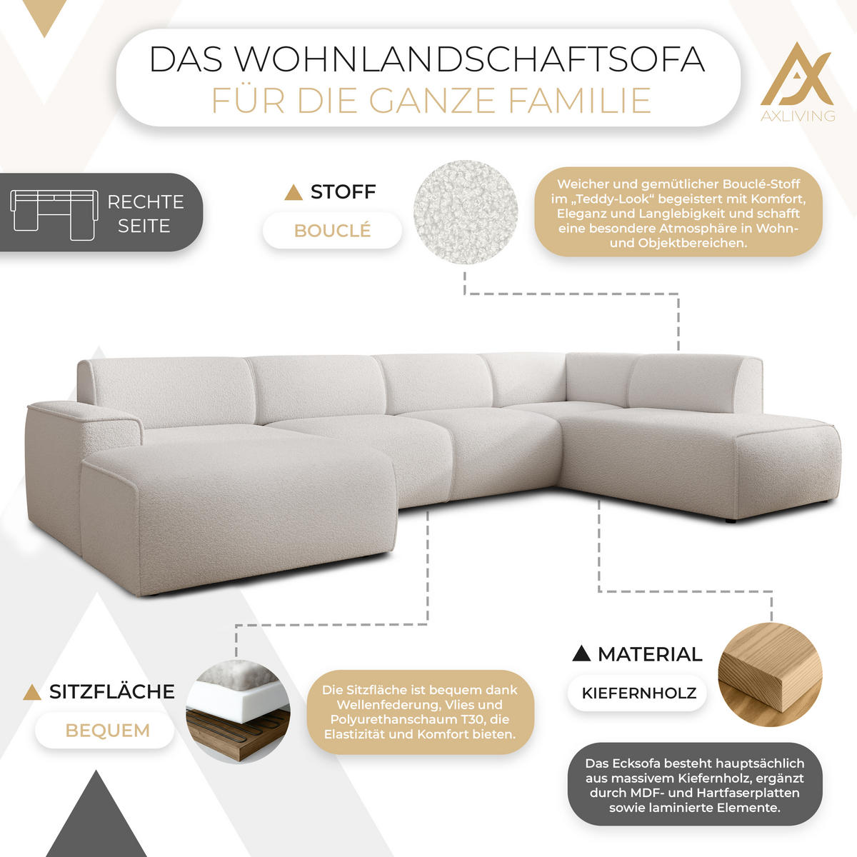WOHNLANDSCHAFT Didim Weiß 378/220/78 cm – großes Sofa stilvoll & bequem R - Schwarz/Weiß, Kunststoff/Textil (378/78/220cm) - AX Living