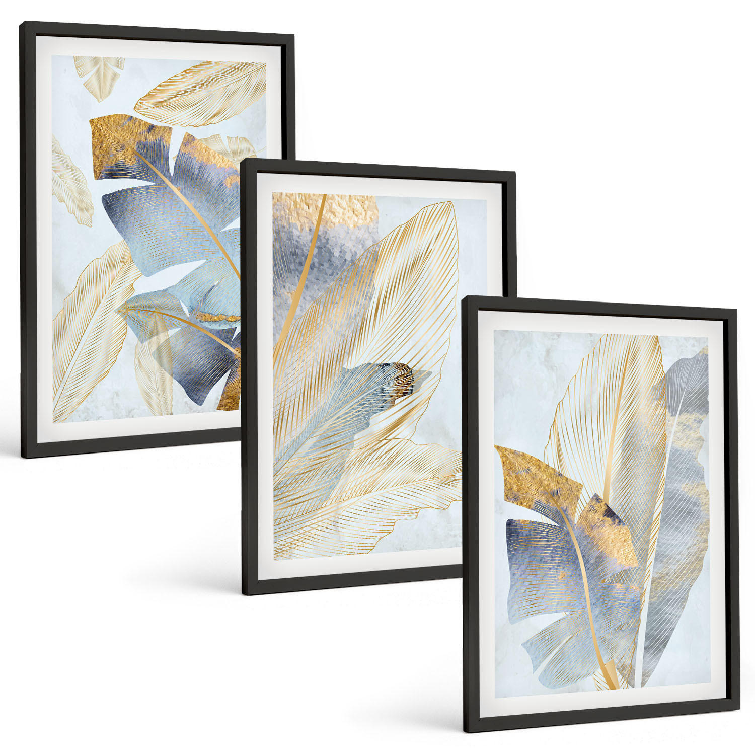 BILDER SET 3er Set - 40x60 cm Schwarzer Rahmen - Hellblau-beige Blätter - Schwarz, Kunststoff (40/60cm) - TULUP