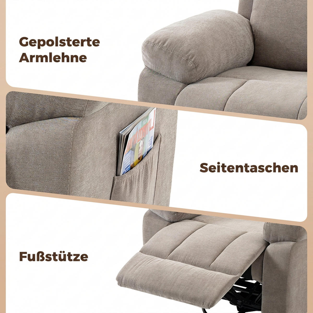 RELAXSESSEL Chenille Beige - Beige/Schwarz, Holzwerkstoff/Textil (97/104/97cm) - HOMCOM