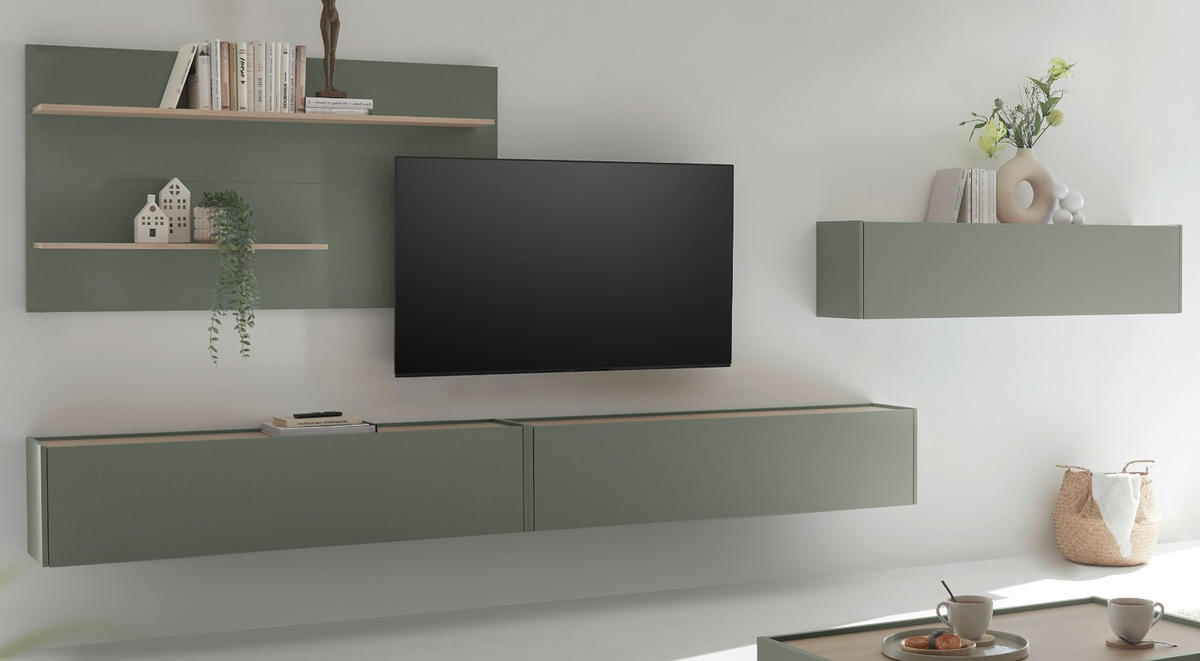 WOHNWAND 4-teilig, Set in Salbei Grün und Eiche, mit XXL TV Lowboard 300 cm hängend, gesamt 400 x 190 cm - Salbeigrün/Eichefarben, Holz/Holzwerkstoff (400/190/30cm) - Furn.Design