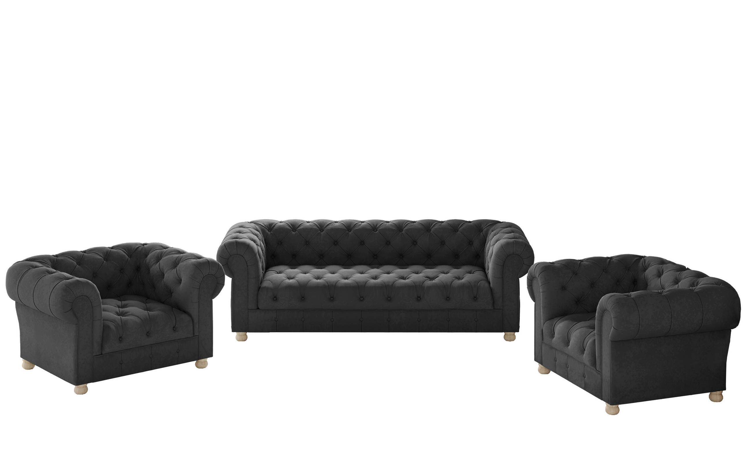 SITZGARNITUR 3+1+1 CHESTERFIELD Elegant Klassisch Schick Stoff Whisper Graphit - Graphitfarben, Holz (202/77/90cm) - Kaiser Möbel