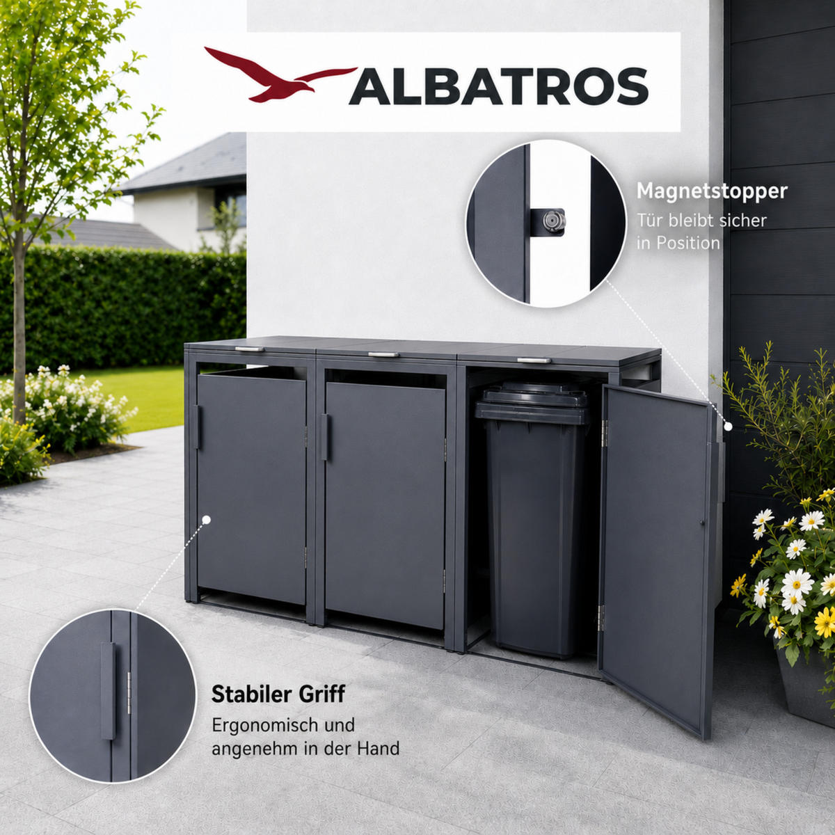 MÜLLTONNENBOX für Hauswände 3er, MTW3 - Anthrazit, Metall (204/118/80cm) - Albatros