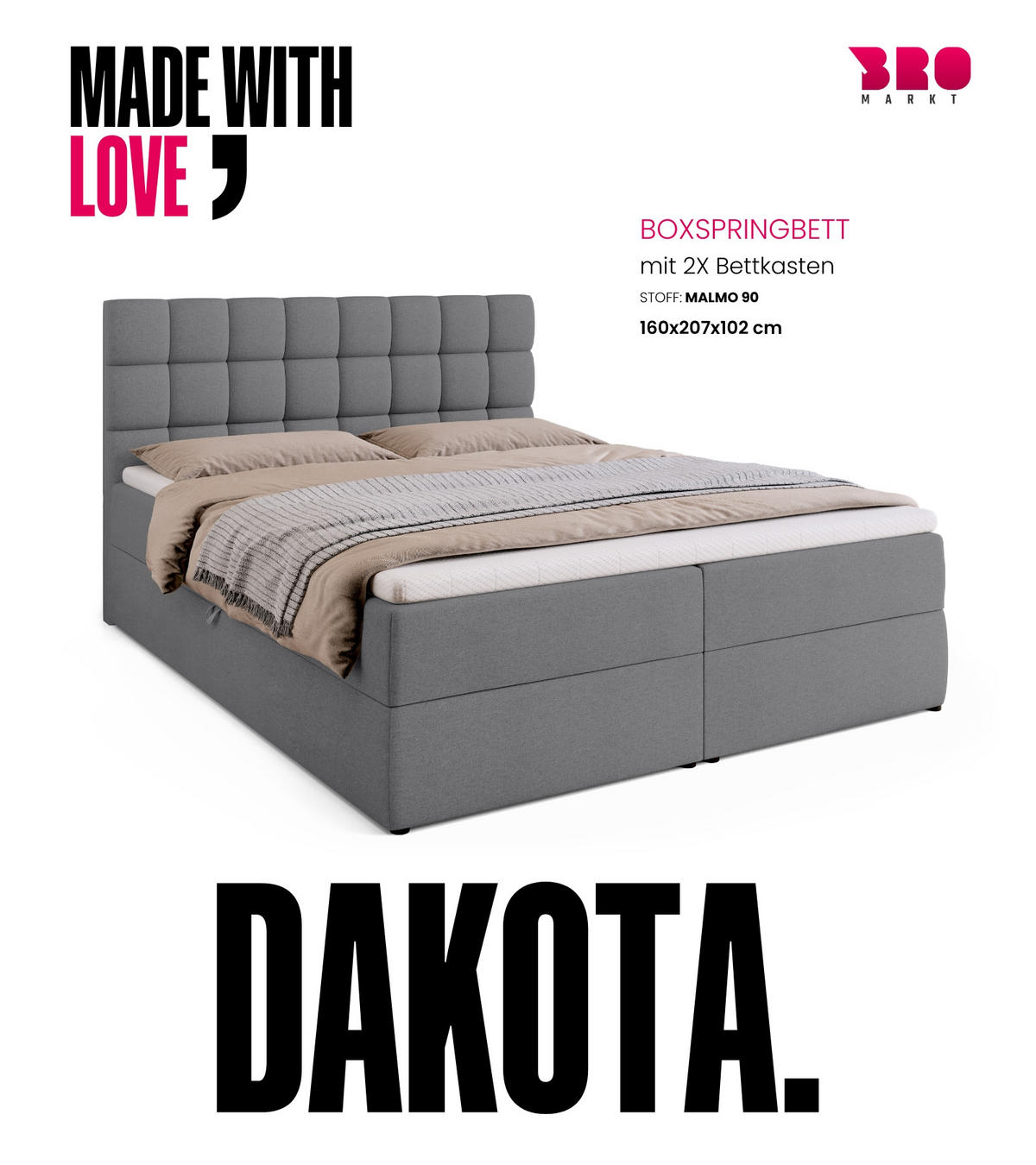 BOXBETT Dakota mit Topper 160/200 Hellgrau - Hellgrau, Textil (160/200cm) - Bromarkt