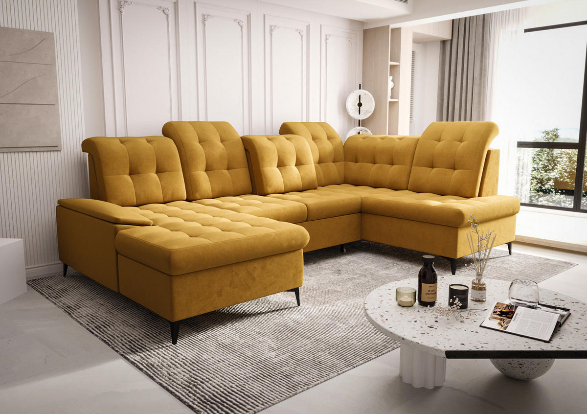 WOHNLANDSCHAFT KONGO RBN17, Eckcouch in U-Form mit Schlaffunktion, Farbe: Gelb, Velourstoff, Ottomane Links - Gelb, Textil (343/107/210cm) - O-Sofa