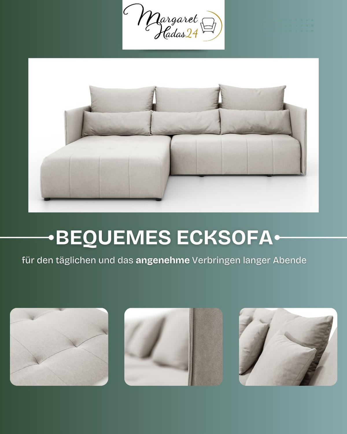 ECKSOFA L Form Hanna 246 x 188 cm mit Schlaffunktion und Bettkasten, 4 Sitzer, Bettzeugablage, Sofa, Eckcouch, beige, links - Beige, Kunststoff (188/246cm) - Margaret Hadas24