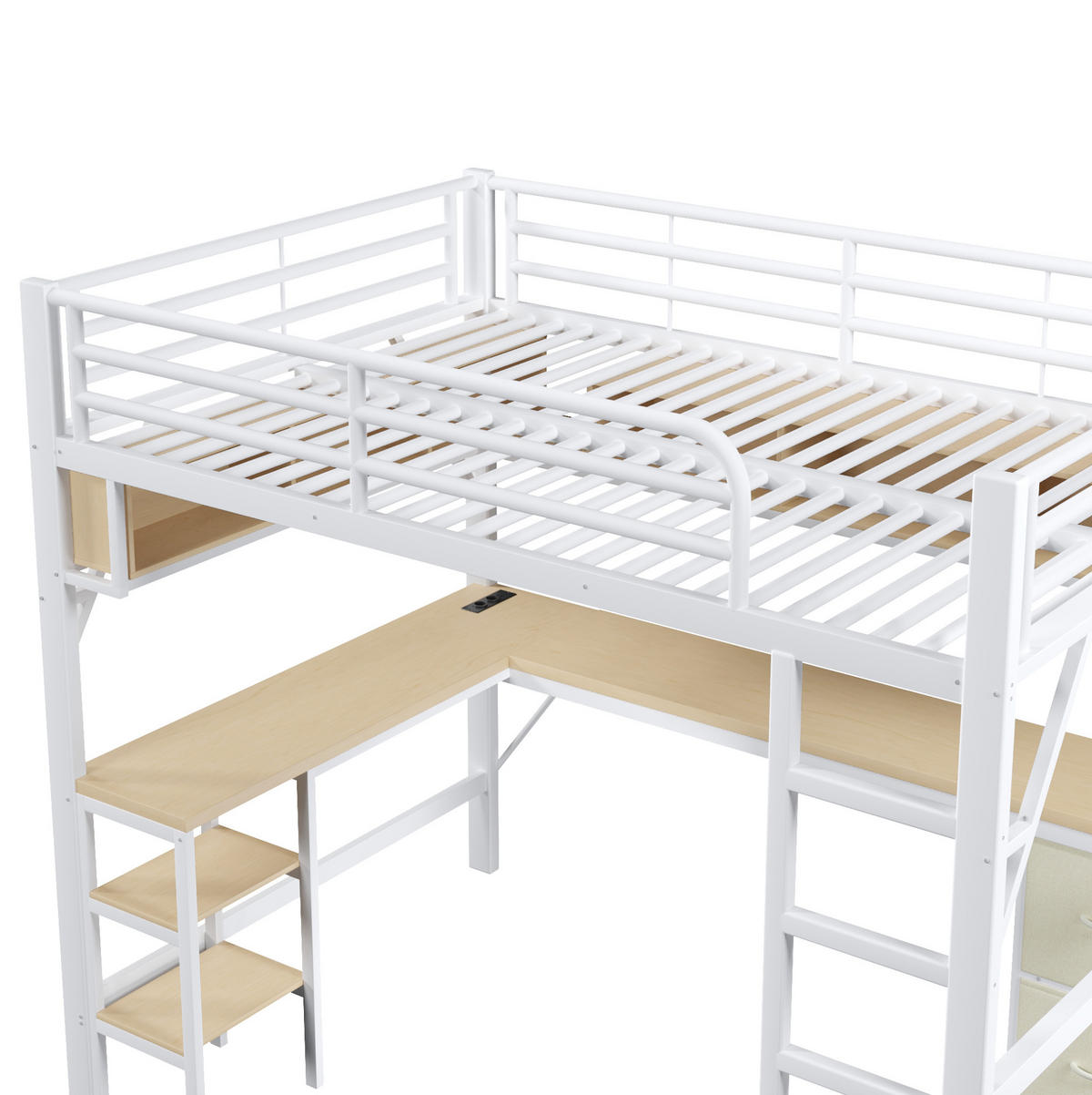 HOCHBETT 140/200 cm weiß aus Metall mit Schreibtisch mit LED und USB - Weiß, Holzwerkstoff (140/200cm) - OKWISH