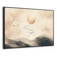 LEINWAND Bilder mit Rahmen - Landschaft - Japandi - Vogel - 140x90 - Beige, Textil (140/90cm) - MuchoWow