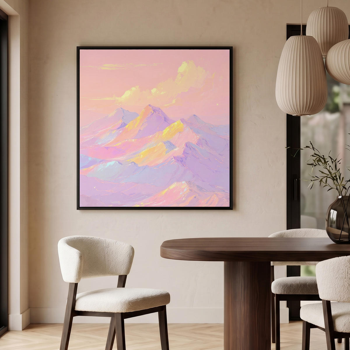 LEINWAND Bilder mit Rahmen - Berggipfel - Wolken - Verträumt - 90x90 - Hellrosa, Textil (90/90cm) - MuchoWow