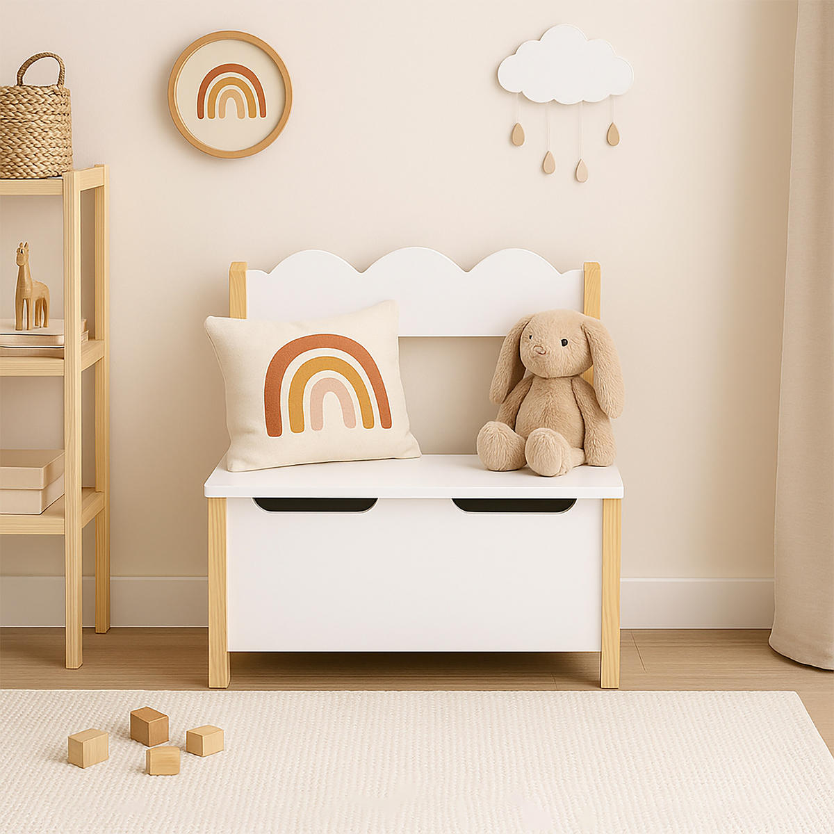 KINDERBANK - Naturfarben/Weiß, Holz/Holzwerkstoff (60/60/25cm) - Relaxdays