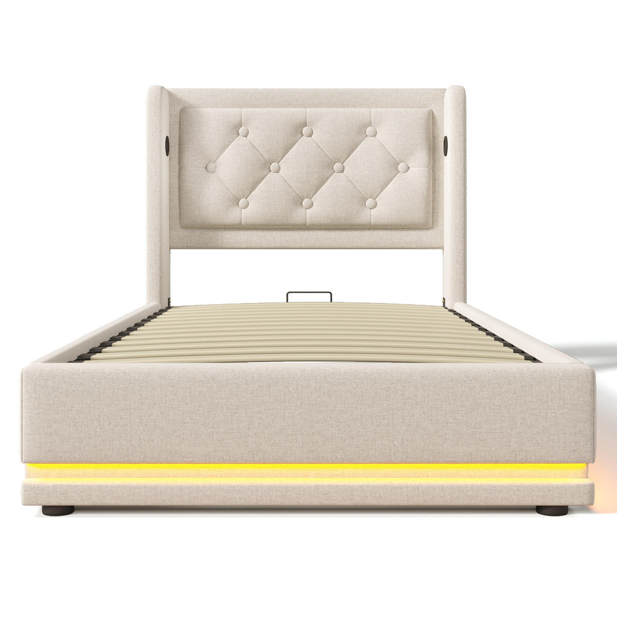 POLSTERBETT 90/200 cm Beige mit hydraulischem Stauraum und USB-Typ-C-Anschluss - Beige, Textil (90/200cm) - OKWISH