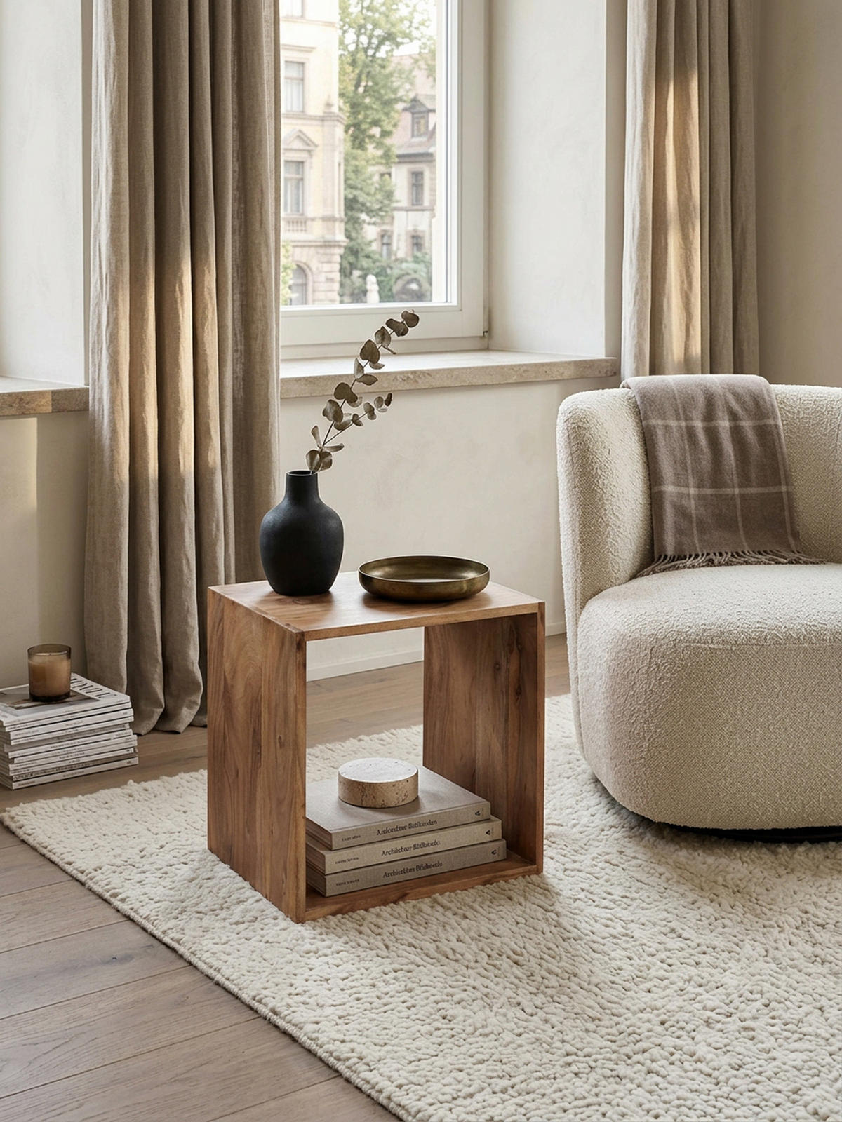 BEISTELLTISCH Massivholz Regalform Cube NAKO, Beige 43x33x43 cm - Beige, Holz (33/43/43cm) - KADIMA DESIGN