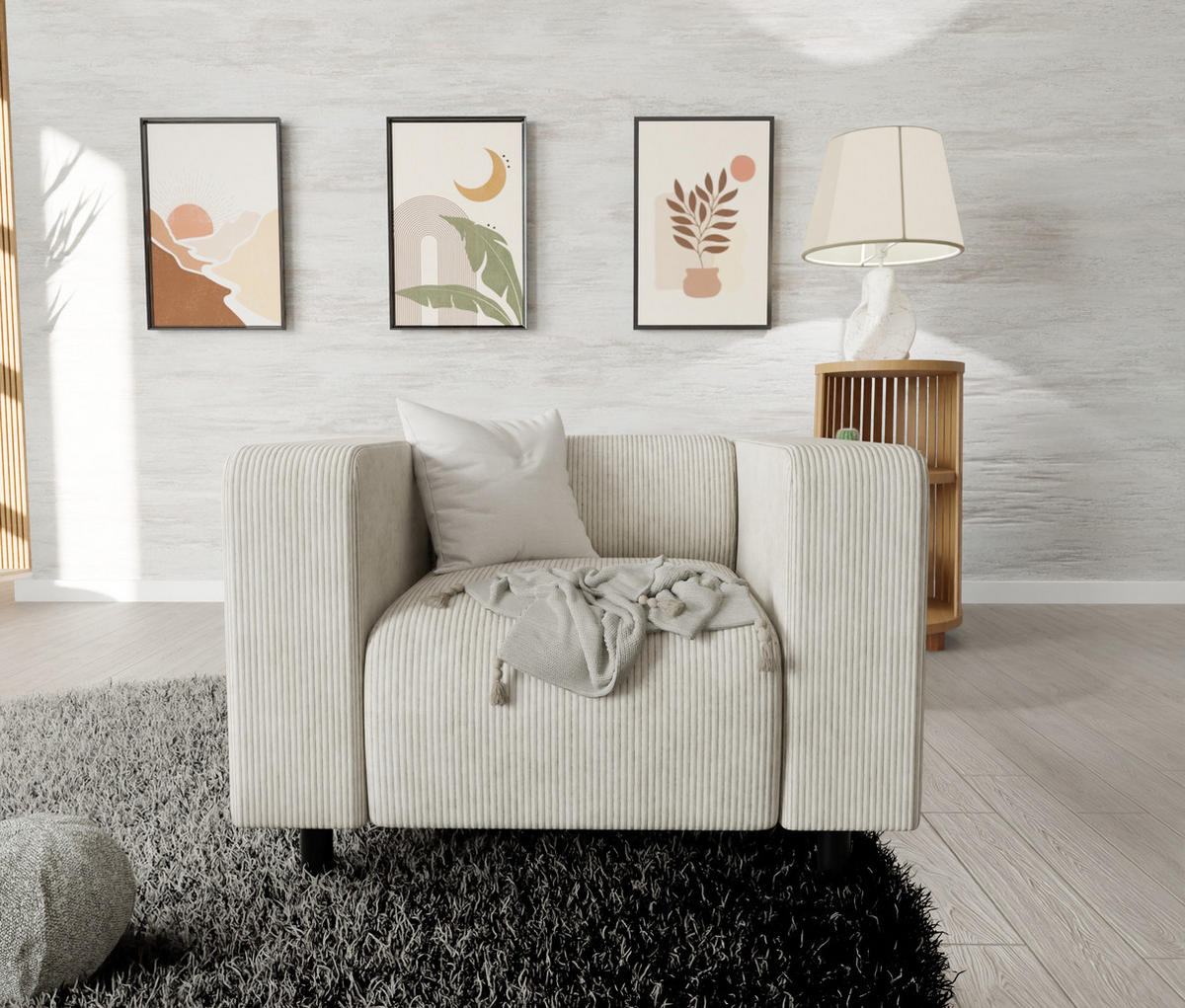 SITZGARNITUR 3+1 Tove Beige Cord - Beige/Schwarz, Holz/Kunststoff (175/65/80cm) - S-Style Möbel