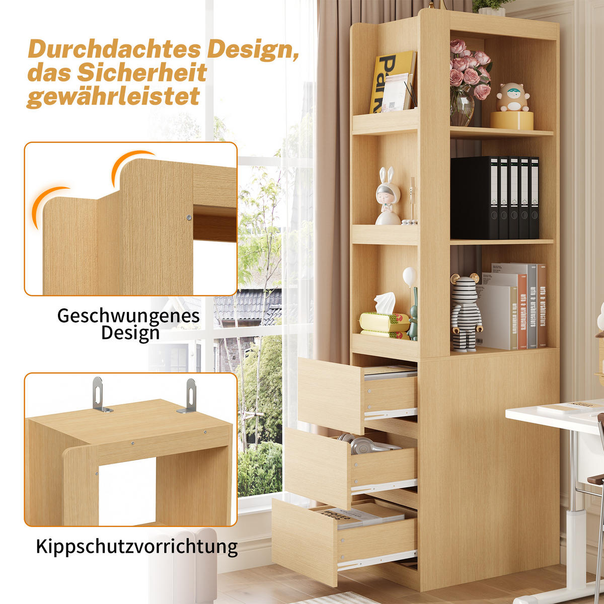 BÜCHERREGAL 60cm 200cm hoch Schubladen Anti-Kipp modern - Eichefarben, Holzwerkstoff (60/200/40cm) - FLIEKS