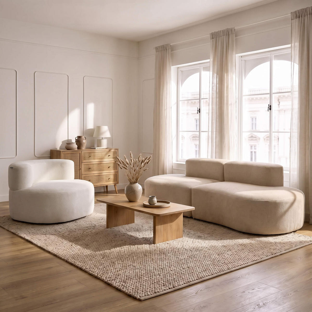 SITZGARNITUR Lounge Sofa und Sessel Sand und Weiß - Beige/Weiß, Textil (240/75/102cm) - COCO Living
