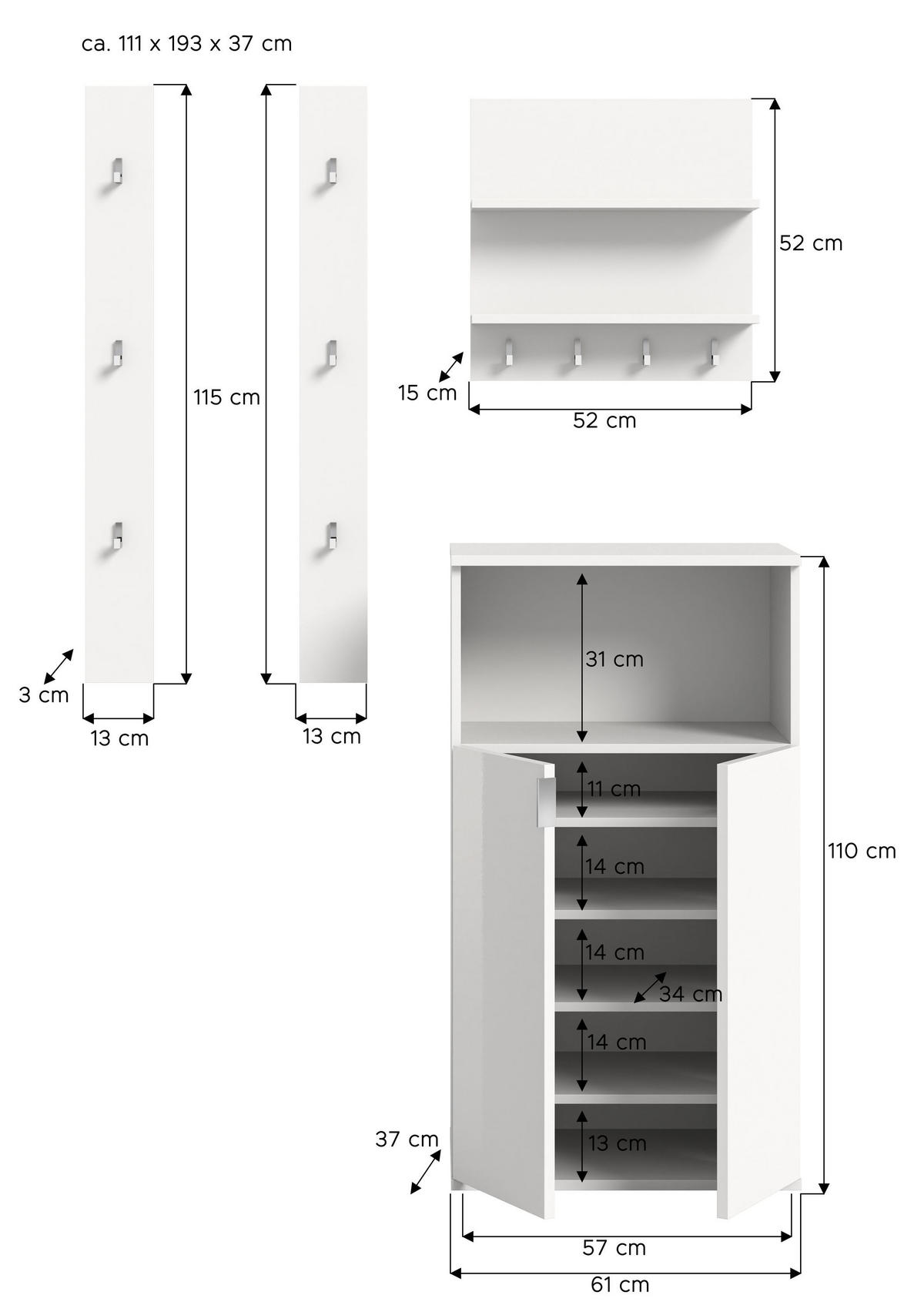 GARDEROBE Systemmöbel Projekt X 4tlg. Kombination , ca.111x191x34 cm - Weiß, Holzwerkstoff (111/191/37cm)