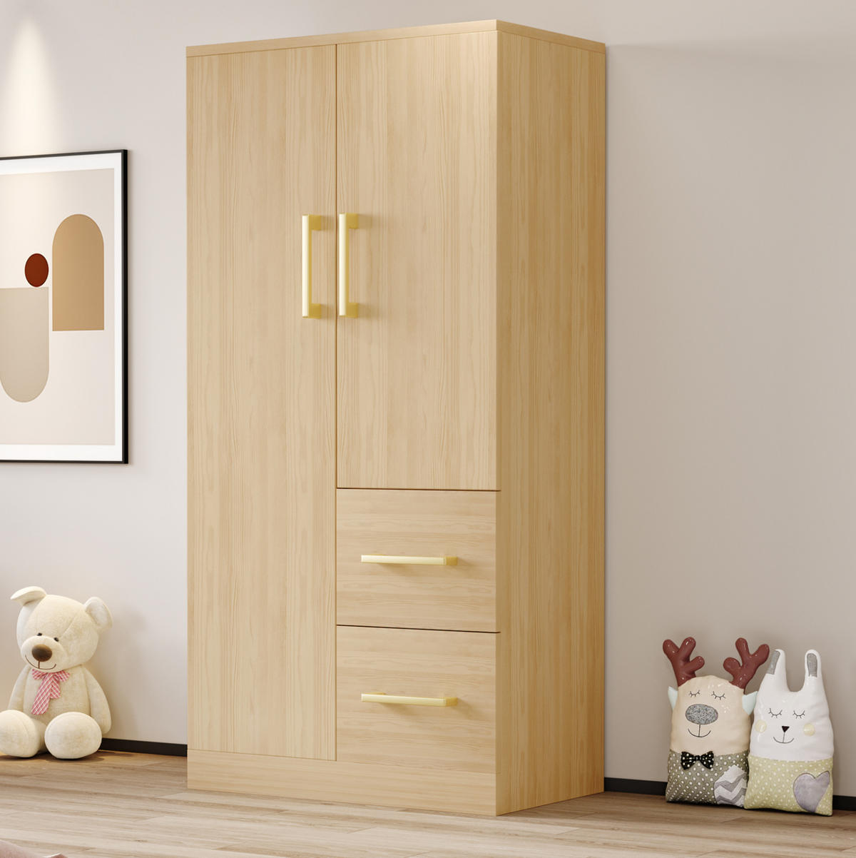 KLEIDERSCHRANK Holz, Doppeltür mit 2 Schubladen & Staufach, 70/40/135 cm, Naturholz - Naturfarben, Holz (70/135/40cm) - Redom