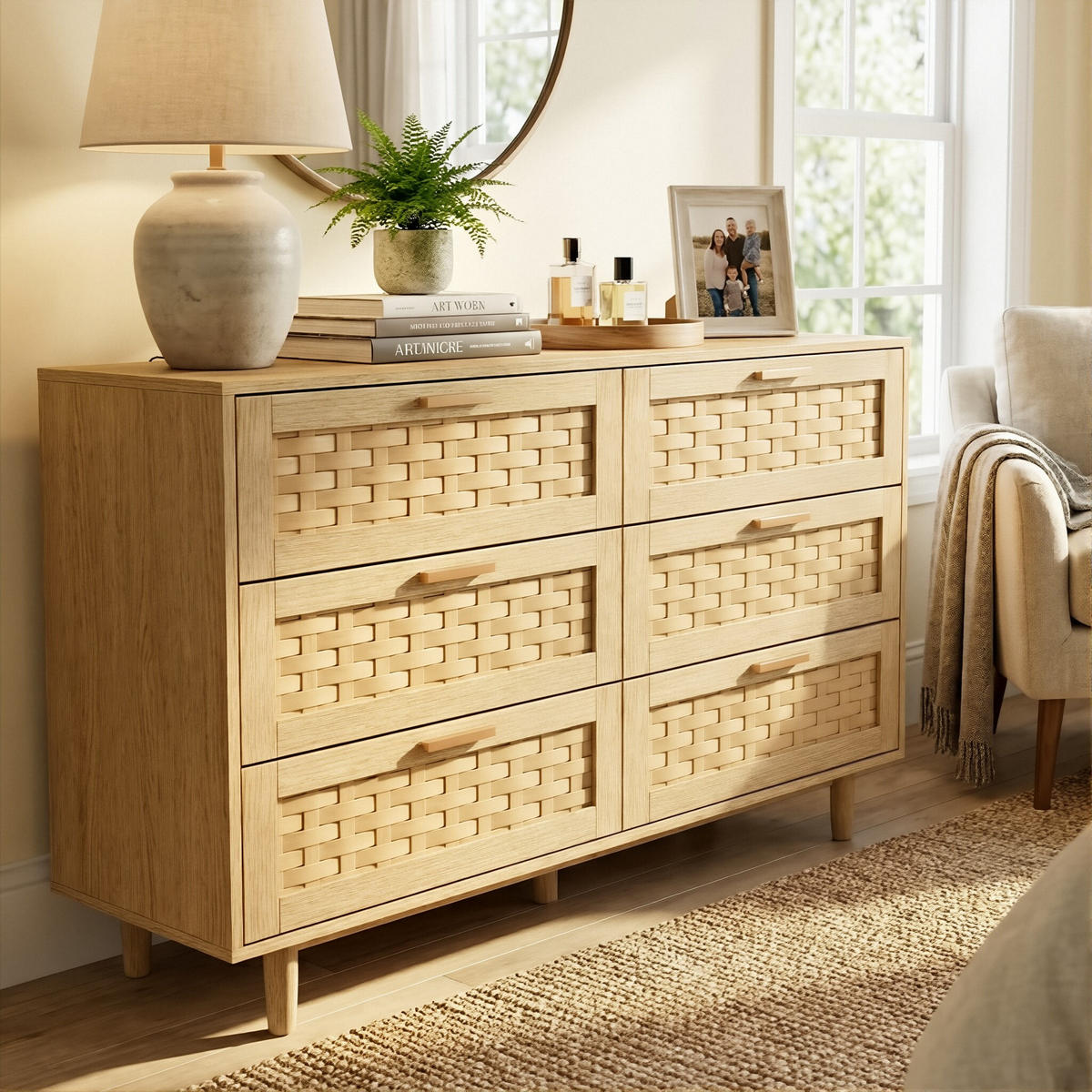 KOMMODE Japandi mit 6 Schubladen in Rattan-Optik 115/40/80 cm Eiche-Dekor - Eichefarben, Holzwerkstoff (115/80/40cm) - Creahappy