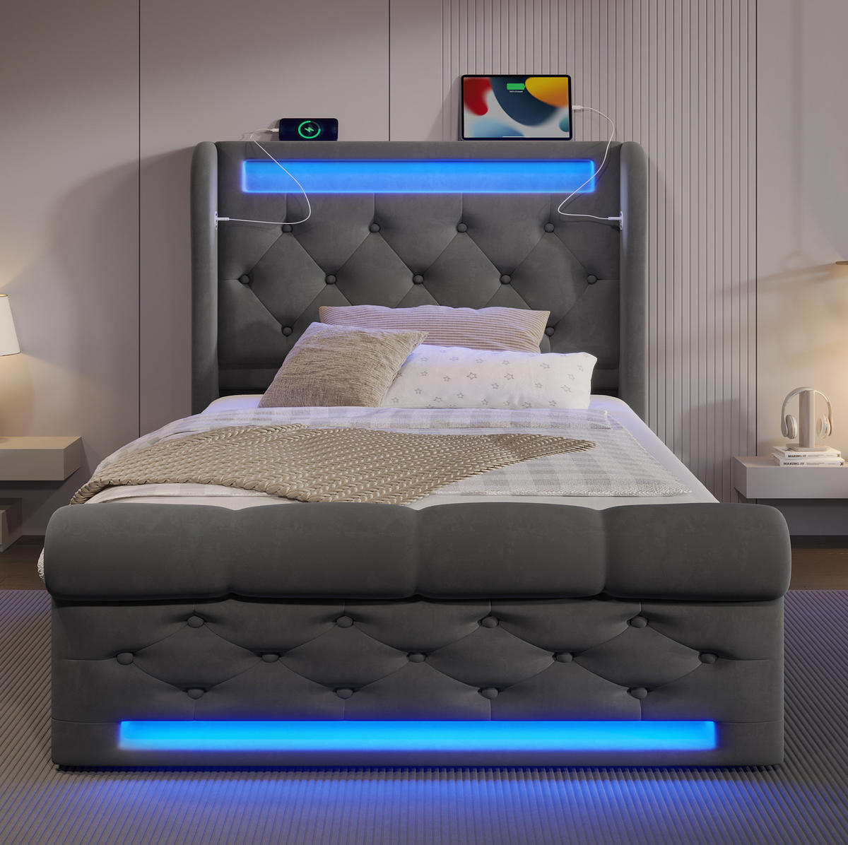 POLSTERBETT 90/200 cm mit LED-Beleuchtung, USB- und Type-C-Anschluss, hydraulischem Bettkasten, Samt, Grau - Grau, Textil (90/200cm) - Redom