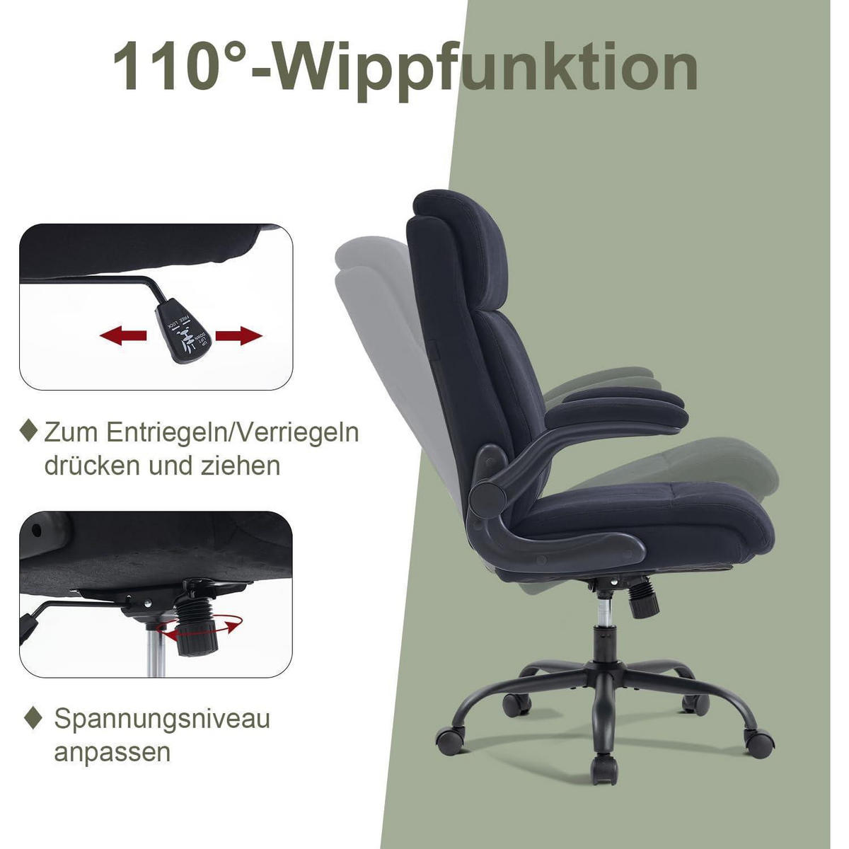 BÜROSTUHL Stoff Schwarz mit hoher Rückenlehne und hochklappbaren Armlehnen - Schwarz, Textil (68/113/70cm)