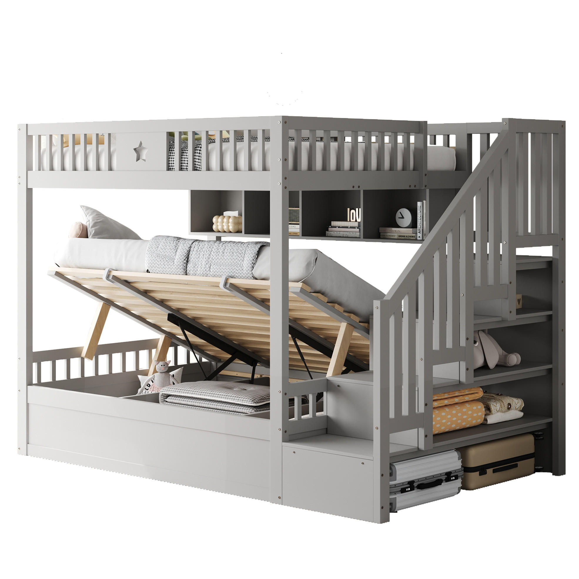 ETAGENBETT 140/200 cm Grau mit Stauraumtreppe und hydraulischem Bettkasten - Grau, Holzwerkstoff (140/200cm) - OKWISH