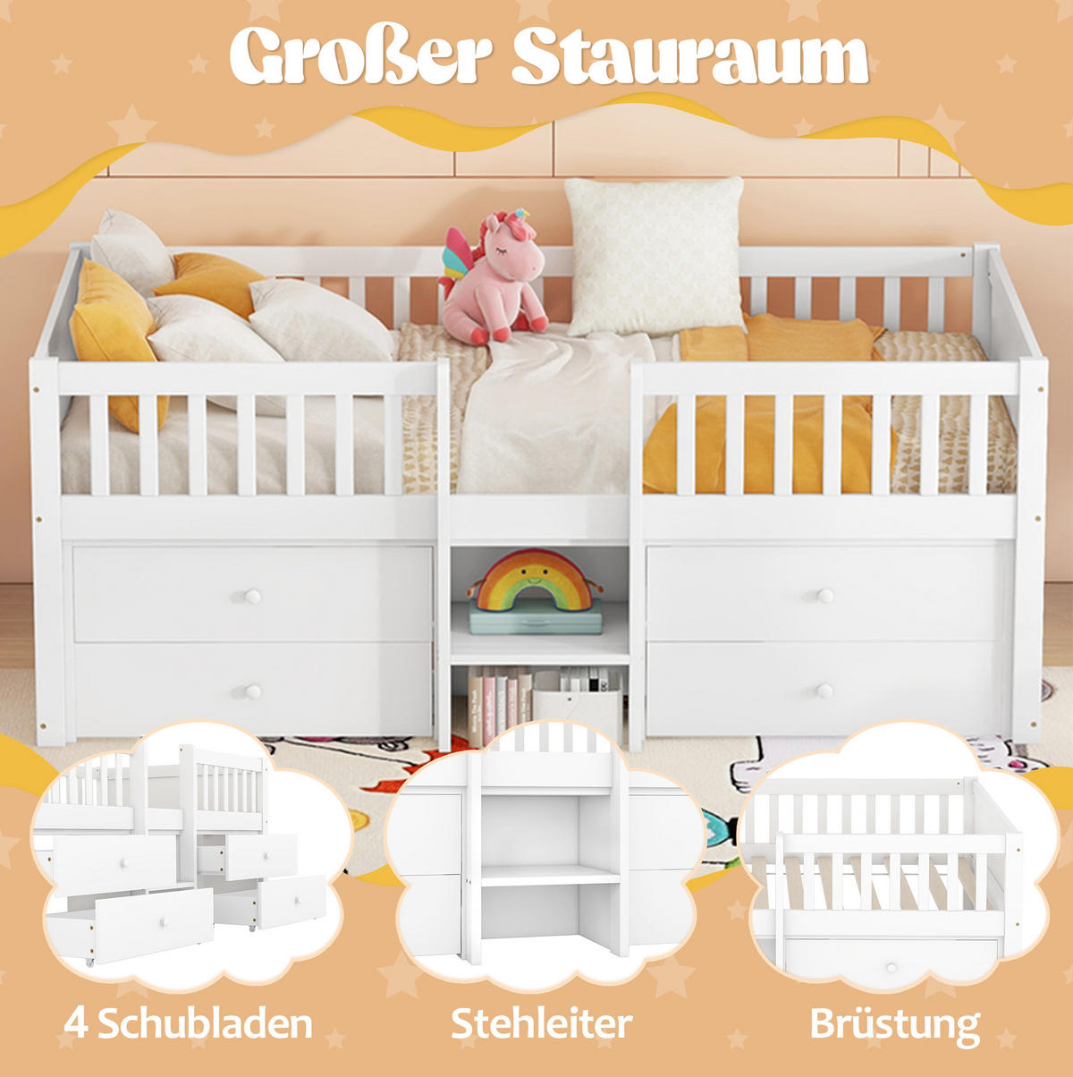 HOCHBETT Kinderbett 90/200 cm aus Kiefernholz und MDF mit 4 Schubladen Weiß - Weiß, Holz (90/200cm) - Modenvie
