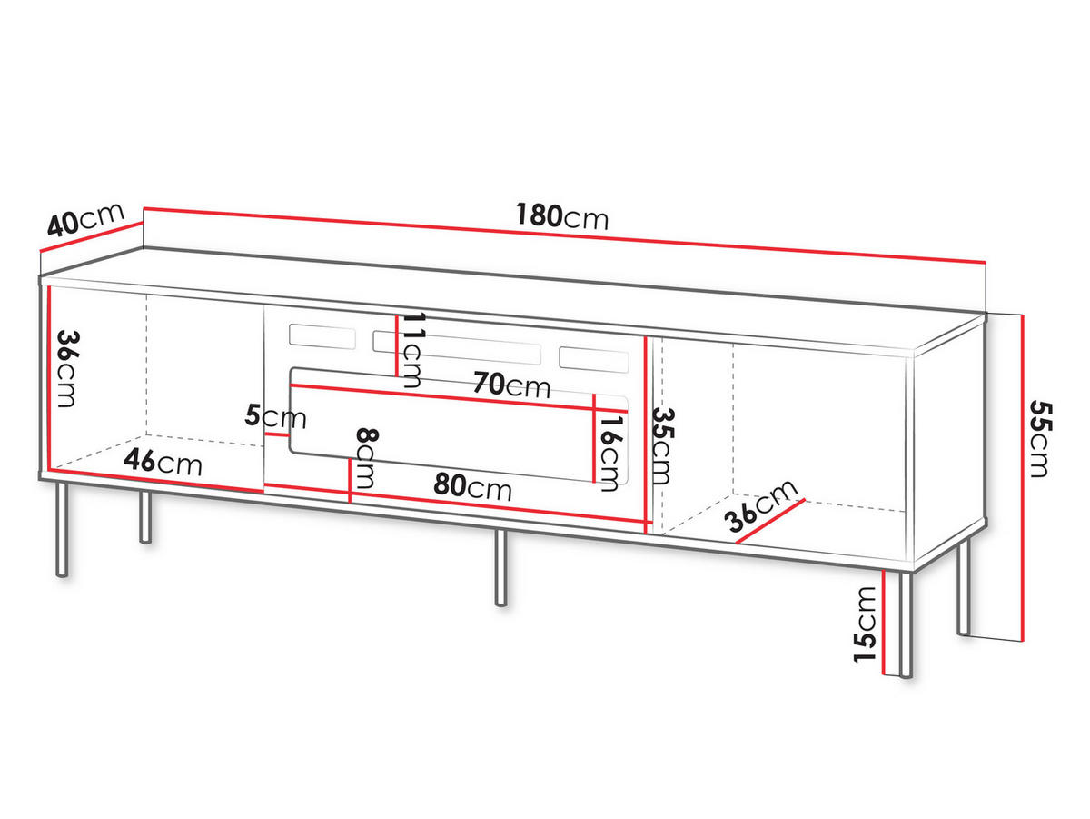 TV-LOWBOARD Tresse 180 EF mit Kamin - Grün, Holzwerkstoff/Metall (180/55/40cm) - MIRJAN24