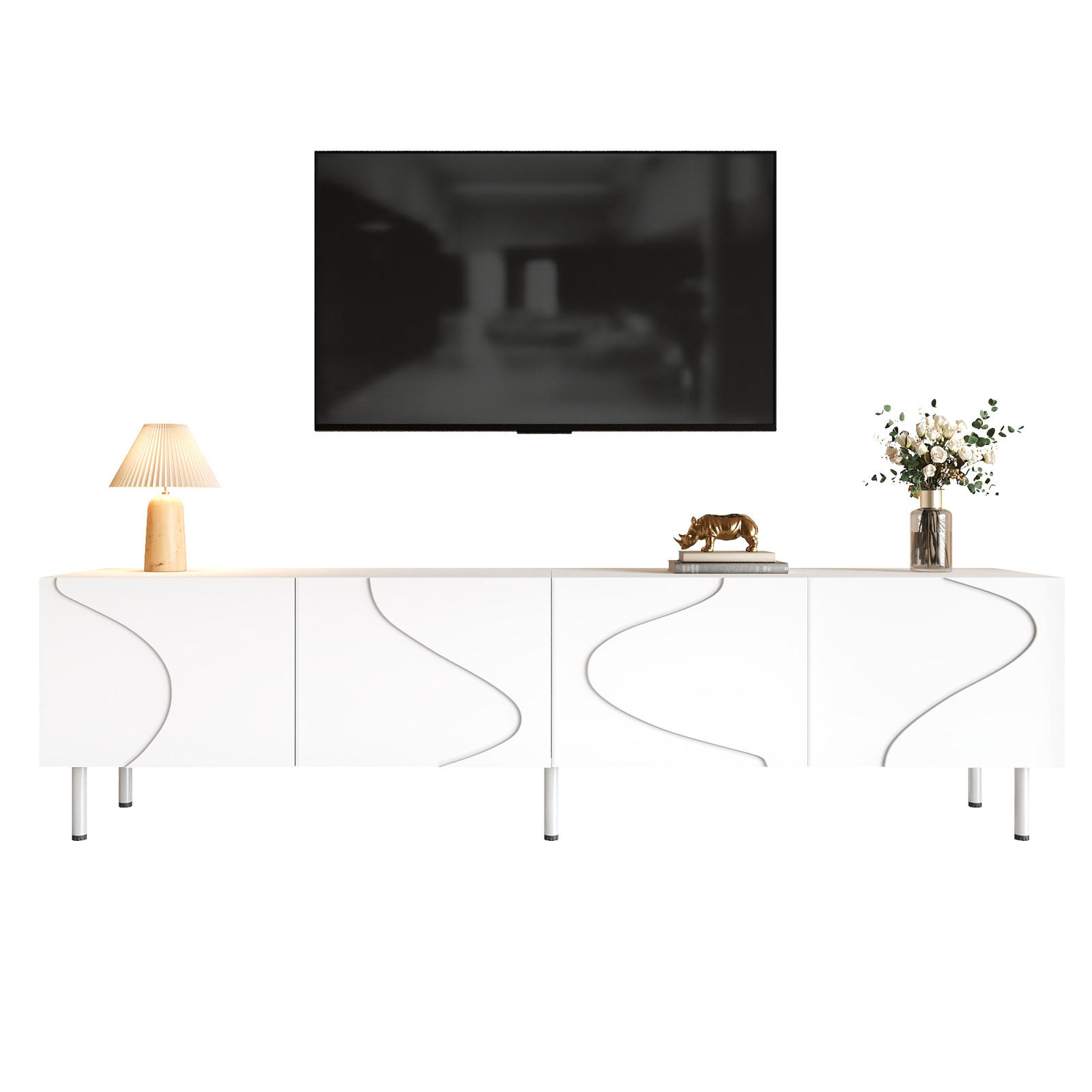 TV-LOWBOARD 170 x 35 x 50 cm, 4 Push-to-Open-Türen, 3D-Wellenfront, Metallfüße, Weiß - Weiß, Holzwerkstoff (170/50/35cm)