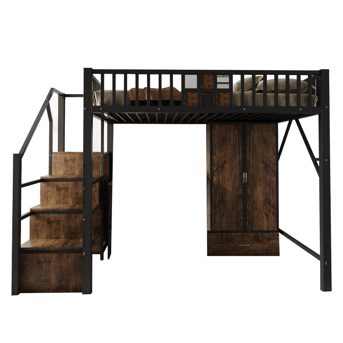 HOCHBETT 140/200 cm Schwarz mit großem Kleiderschrank und Schubladen - Schwarz, Metall (140/200cm) - OKWISH