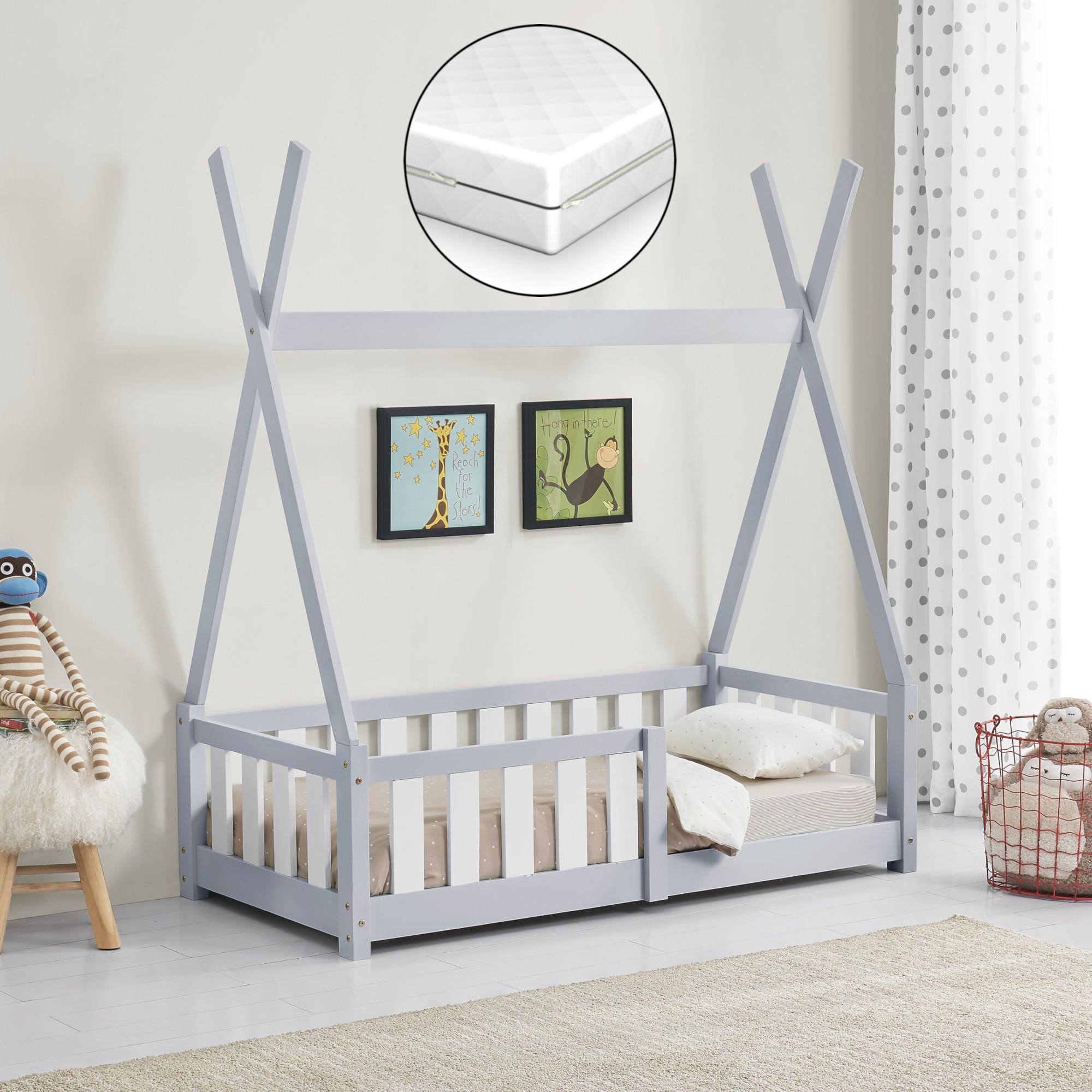 KINDERBETT Helsingborg mit Matratze - Hellgrau, Holz/Textil (70/140cm) - [en.casa]