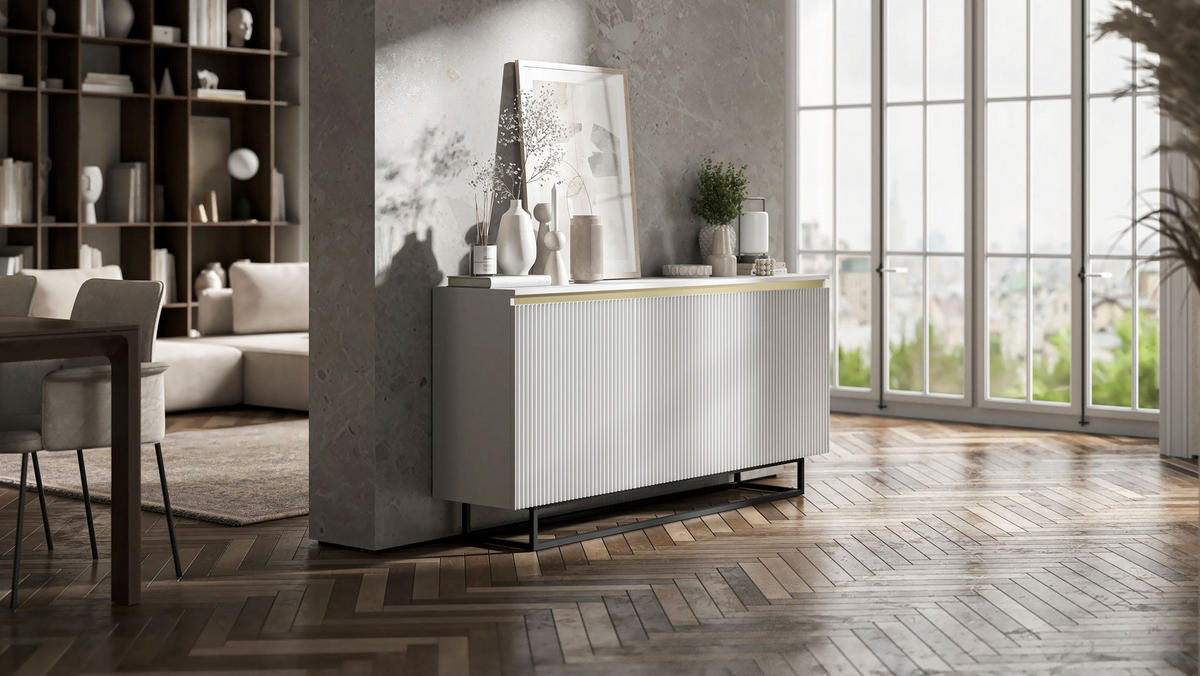 SIDEBOARD Selene 3D Weiß Matt mit metallrahmen Glamour 167 cm - Schwarz/Weiß, Holzwerkstoff/Metall (167/79/35cm) - Meble Lindner
