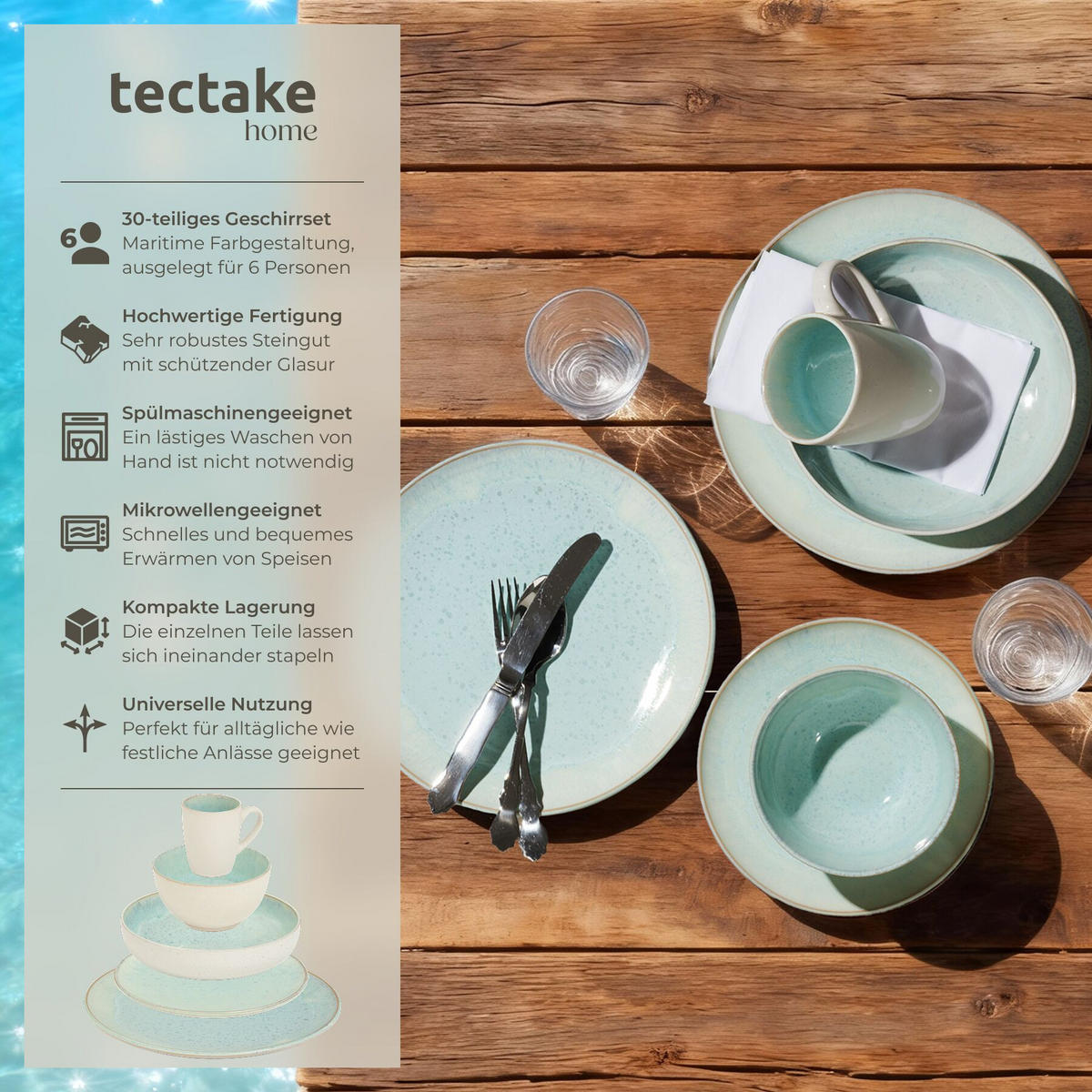 KOMBISERVICE Mare, ineinander stapelbar, Mint - Mintgrün, Keramik (26.5/2.5/26.5cm) - tectake