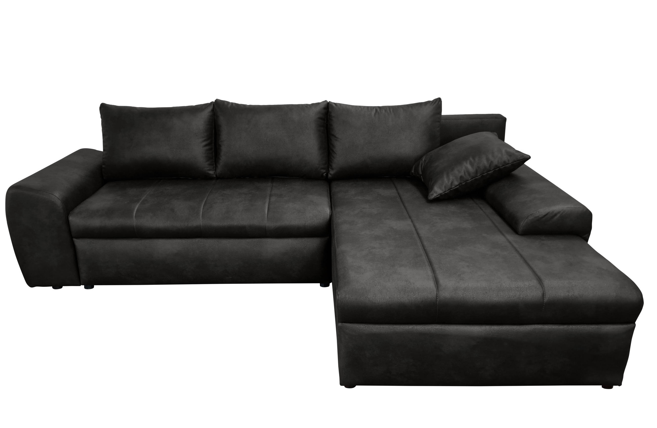 ECKSOFA mit Schlaffunktion, Bettkasten, Wellenunterfederung, Ottomane rechts B266/T186/H90 cm, Mikrofaser Leder-Optik Vintage Schwarz / 18013 - Schwarz, Kunststoff/Textil (266/186cm) - luma-home