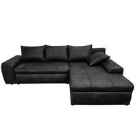 ECKSOFA mit Schlaffunktion, Bettkasten, Wellenunterfederung, Ottomane rechts B266/T186/H90 cm, Mikrofaser Leder-Optik Vintage Schwarz / 18013 - Schwarz, Kunststoff/Textil (266/186cm) - luma-home